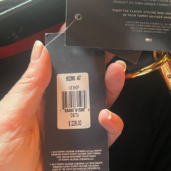 Tommy Hilfiger NWT Navy Blue Leather Tote Bag with Red and White Stripe Accents - Picture 6 of 14